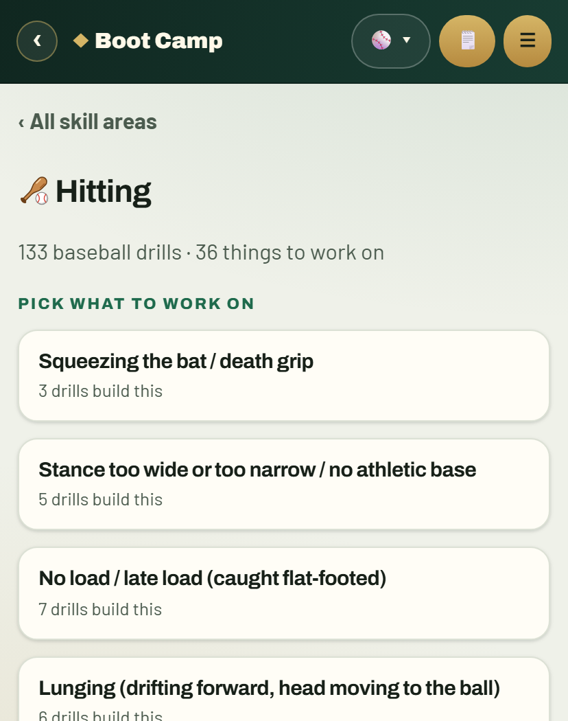 The hitting area listing things to work on, each showing how many drills build it