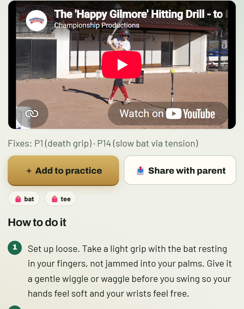 A drill page showing a video demonstration above the add-to-practice button and the written steps