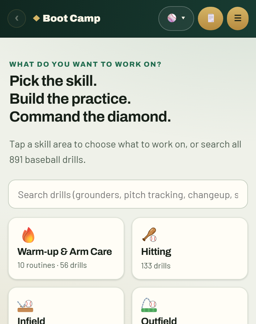 Boot Camp home screen listing skill areas as cards, each with its drill count