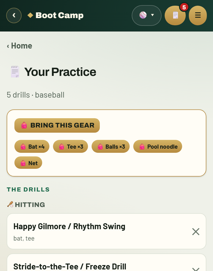 A built practice showing a bring-this-gear list with quantities and the drills below