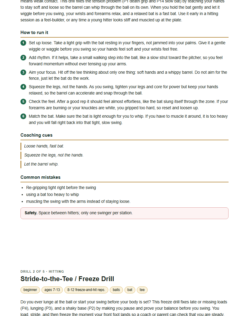 A printed drill sheet with steps, coaching cues, common mistakes and a safety note